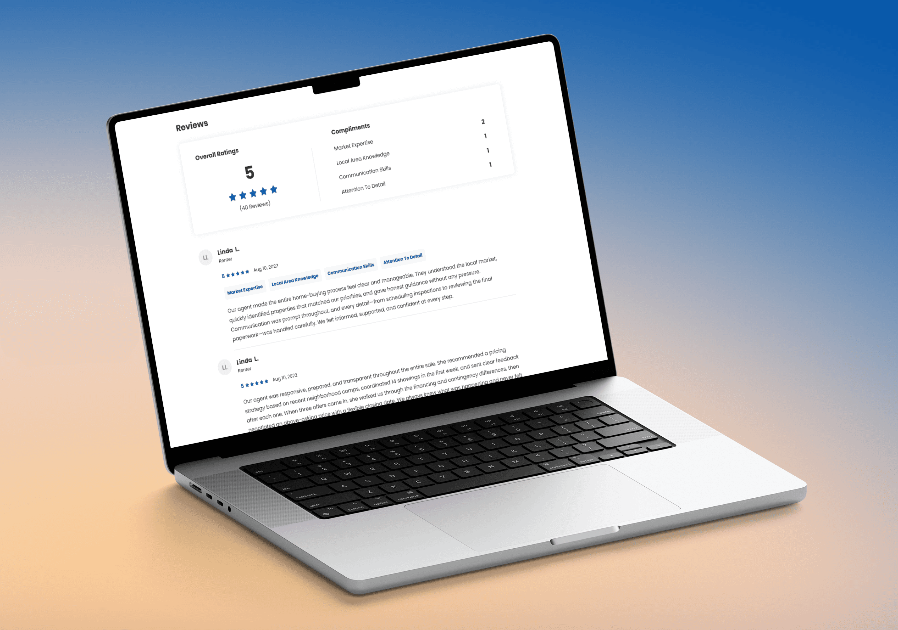 Agent Reviews on a MacBook, showing ratings and client feedback against a blue and peach background